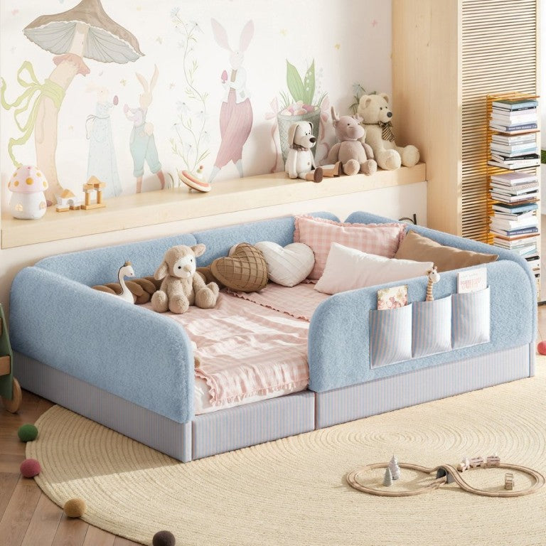 English Elm Full Montessori Floor Bed with Plush Teddy Fleece Frame Padded Rails and Side Pocket Blue W1580P493509