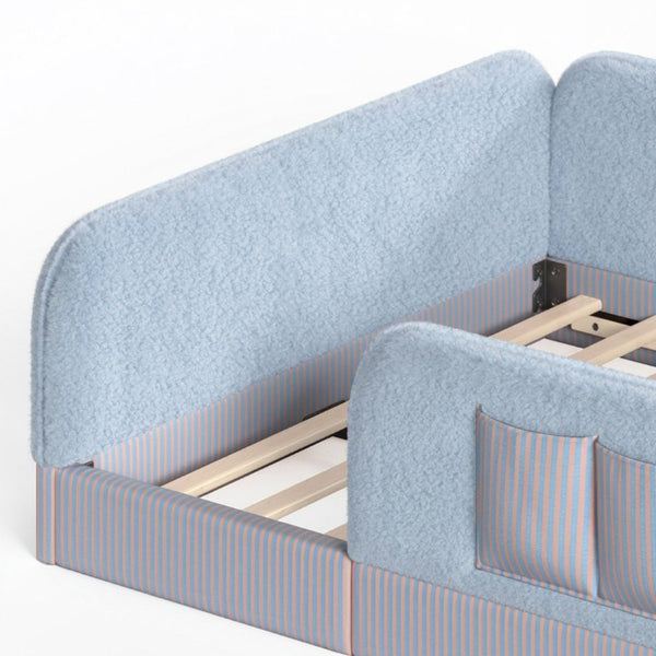 English Elm Full Montessori Floor Bed with Plush Teddy Fleece Frame Padded Rails and Side Pocket Blue W1580P493509