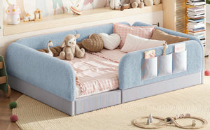 English Elm Full Montessori Floor Bed with Plush Teddy Fleece Frame Padded Rails and Side Pocket Blue W1580P493509