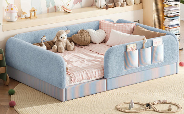 English Elm Full Montessori Floor Bed with Plush Teddy Fleece Frame Padded Rails and Side Pocket Blue W1580P493509