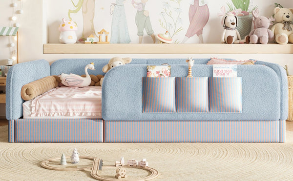 English Elm Full Montessori Floor Bed with Plush Teddy Fleece Frame Padded Rails and Side Pocket Blue W1580P493509