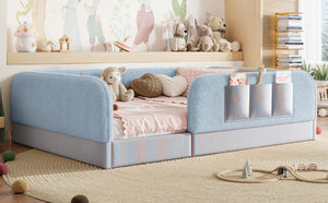 English Elm Full Montessori Floor Bed with Plush Teddy Fleece Frame Padded Rails and Side Pocket Blue W1580P493509