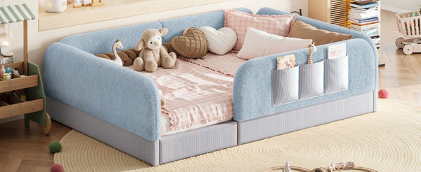 English Elm Full Montessori Floor Bed with Plush Teddy Fleece Frame Padded Rails and Side Pocket Blue W1580P493509