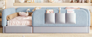 English Elm Full Montessori Floor Bed with Plush Teddy Fleece Frame Padded Rails and Side Pocket Blue W1580P493509