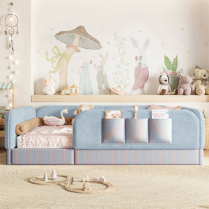 English Elm Full Montessori Floor Bed with Plush Teddy Fleece Frame Padded Rails and Side Pocket Blue W1580P493509
