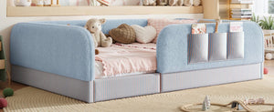 English Elm Full Montessori Floor Bed with Plush Teddy Fleece Frame Padded Rails and Side Pocket Blue W1580P493509