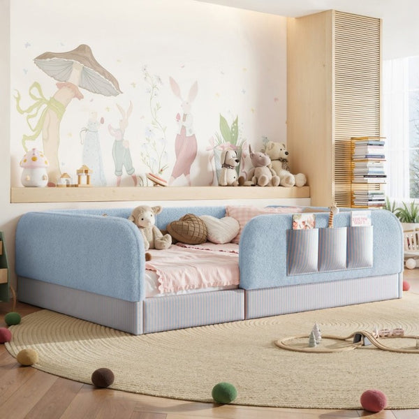 English Elm Full Montessori Floor Bed with Plush Teddy Fleece Frame Padded Rails and Side Pocket Blue W1580P493509