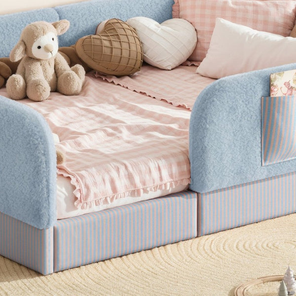 English Elm Full Montessori Floor Bed with Plush Teddy Fleece Frame Padded Rails and Side Pocket Blue W1580P493509