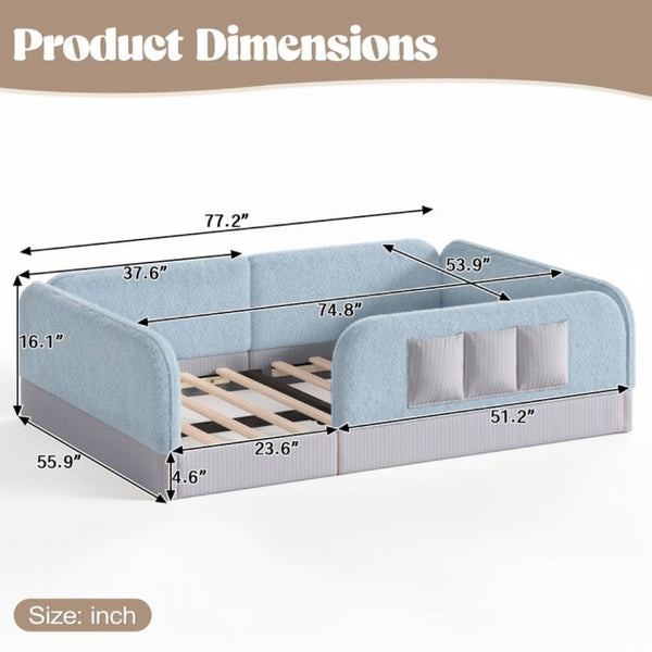 English Elm Full Montessori Floor Bed with Plush Teddy Fleece Frame Padded Rails and Side Pocket Blue W1580P493509