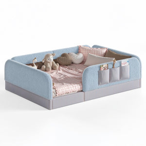 English Elm Full Montessori Floor Bed with Plush Teddy Fleece Frame Padded Rails and Side Pocket Blue W1580P493509