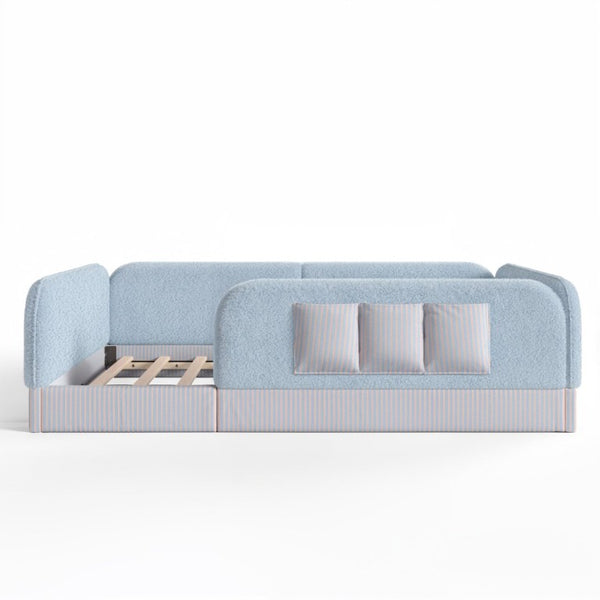 English Elm Full Montessori Floor Bed with Plush Teddy Fleece Frame Padded Rails and Side Pocket Blue W1580P493509