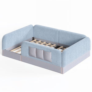 English Elm Full Montessori Floor Bed with Plush Teddy Fleece Frame Padded Rails and Side Pocket Blue W1580P493509