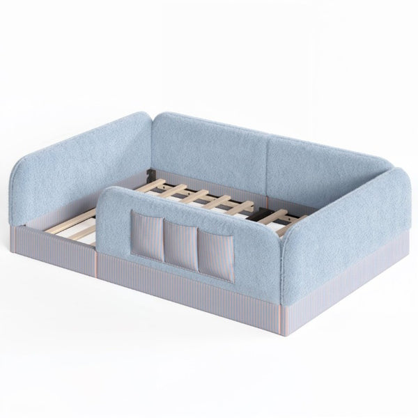 English Elm Full Montessori Floor Bed with Plush Teddy Fleece Frame Padded Rails and Side Pocket Blue W1580P493509