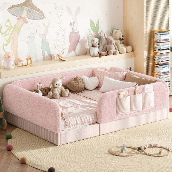 English Elm Full Montessori Floor Bed with Plush Teddy Fleece Frame Padded Rails and Side Pocket Pink W1580P493510