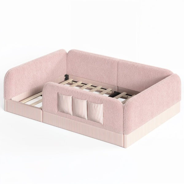 English Elm Full Montessori Floor Bed with Plush Teddy Fleece Frame Padded Rails and Side Pocket Pink W1580P493510