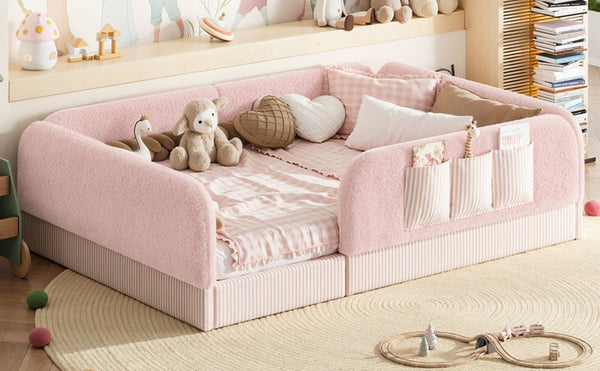 English Elm Full Montessori Floor Bed with Plush Teddy Fleece Frame Padded Rails and Side Pocket Pink W1580P493510