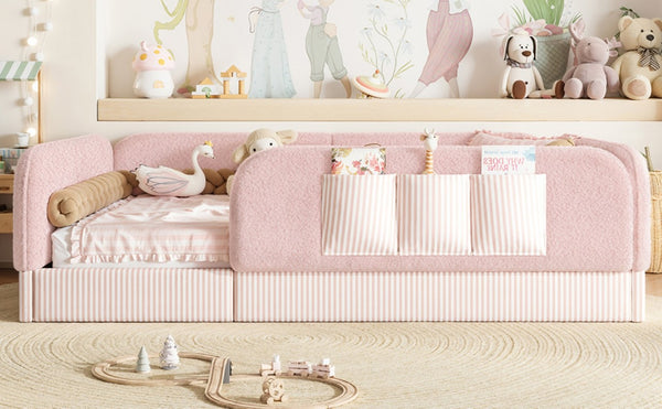English Elm Full Montessori Floor Bed with Plush Teddy Fleece Frame Padded Rails and Side Pocket Pink W1580P493510