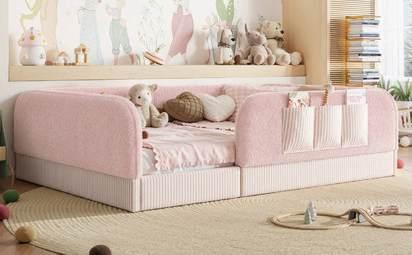 English Elm Full Montessori Floor Bed with Plush Teddy Fleece Frame Padded Rails and Side Pocket Pink W1580P493510