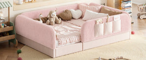 English Elm Full Montessori Floor Bed with Plush Teddy Fleece Frame Padded Rails and Side Pocket Pink W1580P493510