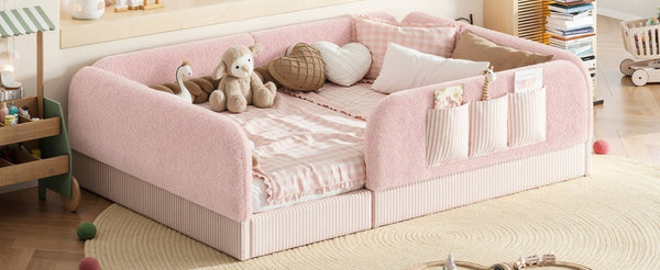 English Elm Full Montessori Floor Bed with Plush Teddy Fleece Frame Padded Rails and Side Pocket Pink W1580P493510