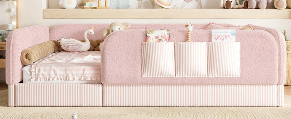 English Elm Full Montessori Floor Bed with Plush Teddy Fleece Frame Padded Rails and Side Pocket Pink W1580P493510