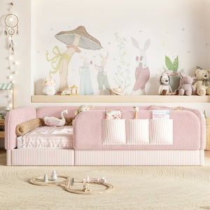 English Elm Full Montessori Floor Bed with Plush Teddy Fleece Frame Padded Rails and Side Pocket Pink W1580P493510