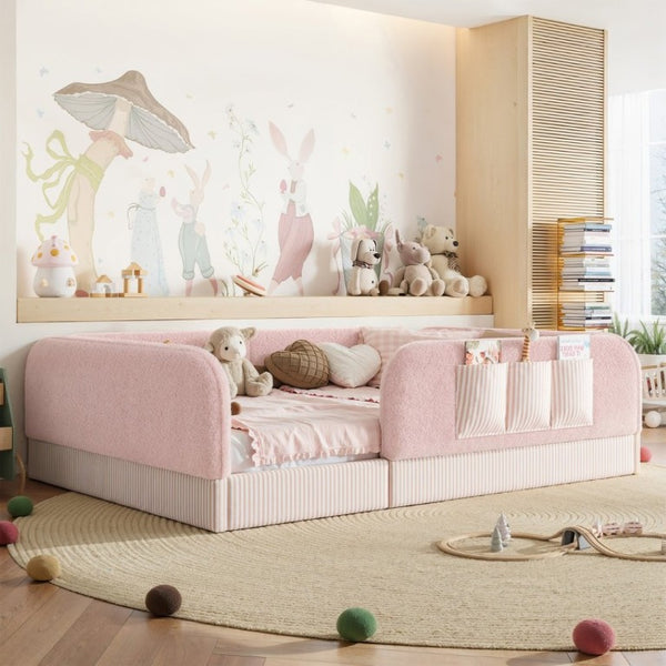 English Elm Full Montessori Floor Bed with Plush Teddy Fleece Frame Padded Rails and Side Pocket Pink W1580P493510