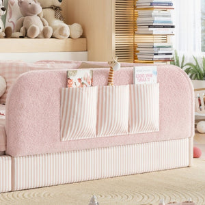 English Elm Full Montessori Floor Bed with Plush Teddy Fleece Frame Padded Rails and Side Pocket Pink W1580P493510