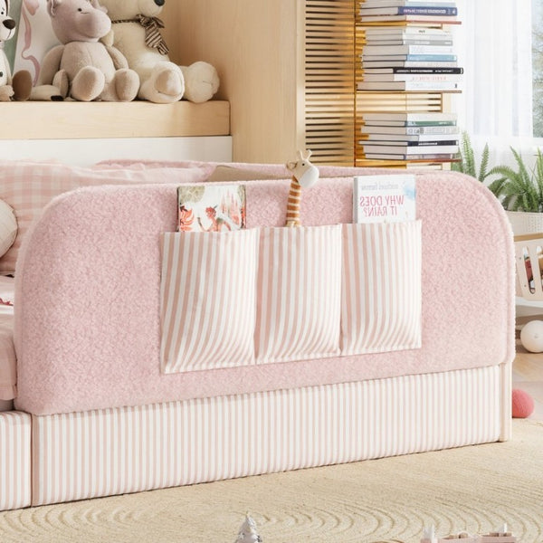 English Elm Full Montessori Floor Bed with Plush Teddy Fleece Frame Padded Rails and Side Pocket Pink W1580P493510