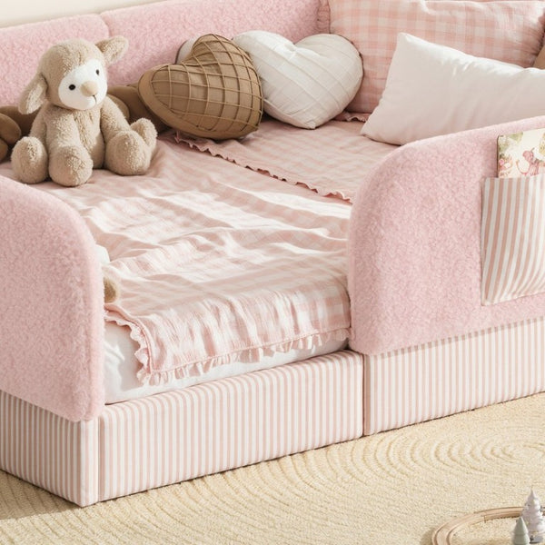 English Elm Full Montessori Floor Bed with Plush Teddy Fleece Frame Padded Rails and Side Pocket Pink W1580P493510