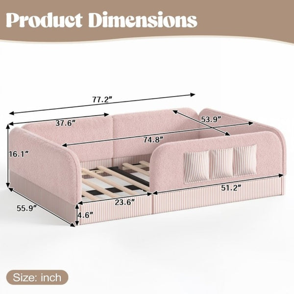 English Elm Full Montessori Floor Bed with Plush Teddy Fleece Frame Padded Rails and Side Pocket Pink W1580P493510