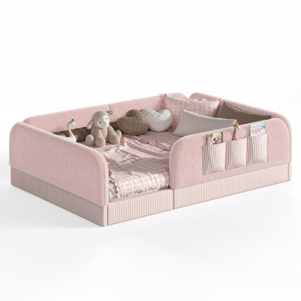 English Elm Full Montessori Floor Bed with Plush Teddy Fleece Frame Padded Rails and Side Pocket Pink W1580P493510