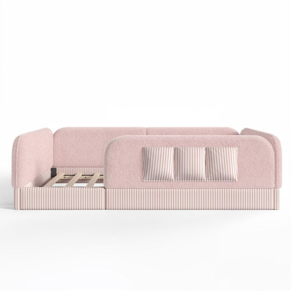 English Elm Full Montessori Floor Bed with Plush Teddy Fleece Frame Padded Rails and Side Pocket Pink W1580P493510