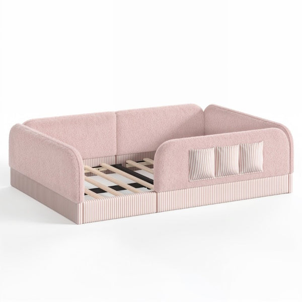 English Elm Full Montessori Floor Bed with Plush Teddy Fleece Frame Padded Rails and Side Pocket Pink W1580P493510