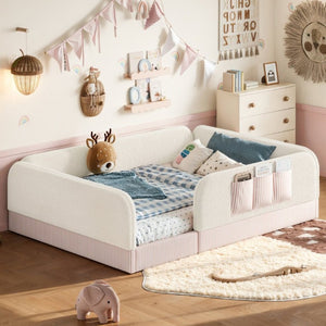 English Elm Queen Montessori Floor Bed Teddy Fleece Surround Rails Kids Cozy Low Profile Frame Beige W1580P493512
