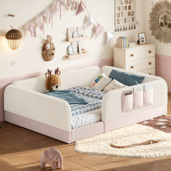 English Elm Queen Montessori Floor Bed Teddy Fleece Surround Rails Kids Cozy Low Profile Frame Beige W1580P493512