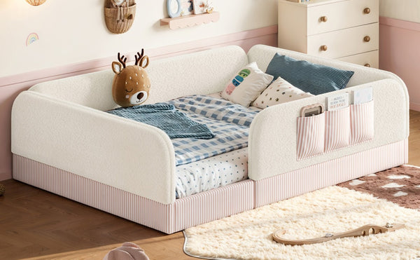 English Elm Queen Montessori Floor Bed Teddy Fleece Surround Rails Kids Cozy Low Profile Frame Beige W1580P493512
