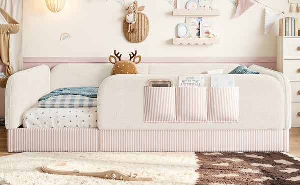 English Elm Queen Montessori Floor Bed Teddy Fleece Surround Rails Kids Cozy Low Profile Frame Beige W1580P493512