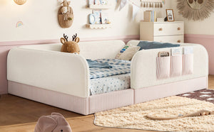 English Elm Queen Montessori Floor Bed Teddy Fleece Surround Rails Kids Cozy Low Profile Frame Beige W1580P493512