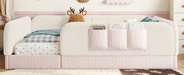 English Elm Queen Montessori Floor Bed Teddy Fleece Surround Rails Kids Cozy Low Profile Frame Beige W1580P493512