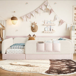English Elm Queen Montessori Floor Bed Teddy Fleece Surround Rails Kids Cozy Low Profile Frame Beige W1580P493512