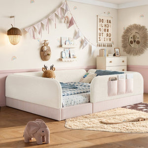 English Elm Queen Montessori Floor Bed Teddy Fleece Surround Rails Kids Cozy Low Profile Frame Beige W1580P493512