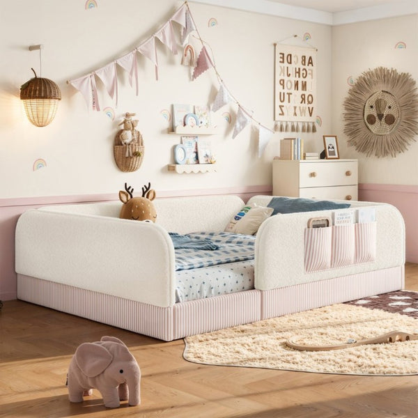 English Elm Queen Montessori Floor Bed Teddy Fleece Surround Rails Kids Cozy Low Profile Frame Beige W1580P493512