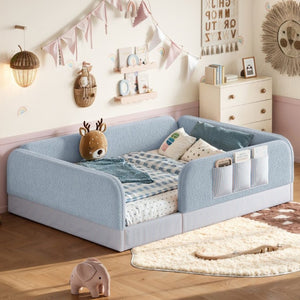 English Elm Queen Montessori Floor Bed Teddy Fleece Surround Rails Kids Cozy Low Profile Frame Blue W1580P493513