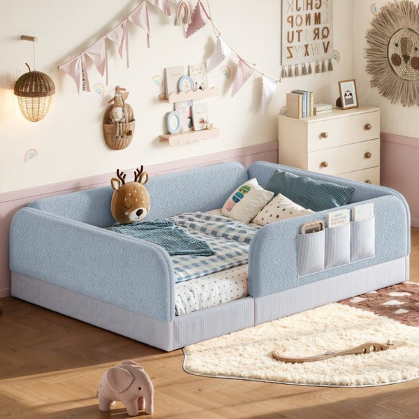 English Elm Queen Montessori Floor Bed Teddy Fleece Surround Rails Kids Cozy Low Profile Frame Blue W1580P493513