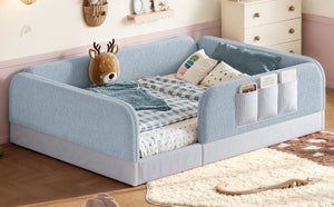 English Elm Queen Montessori Floor Bed Teddy Fleece Surround Rails Kids Cozy Low Profile Frame Blue W1580P493513