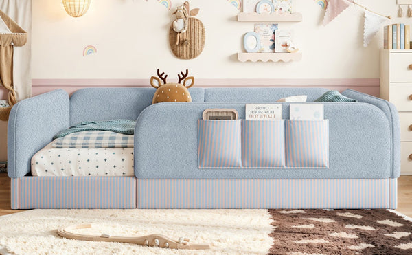 English Elm Queen Montessori Floor Bed Teddy Fleece Surround Rails Kids Cozy Low Profile Frame Blue W1580P493513