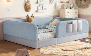 English Elm Queen Montessori Floor Bed Teddy Fleece Surround Rails Kids Cozy Low Profile Frame Blue W1580P493513