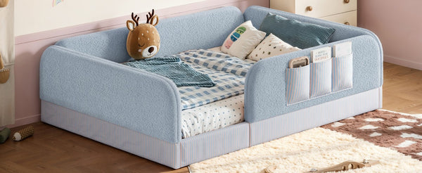 English Elm Queen Montessori Floor Bed Teddy Fleece Surround Rails Kids Cozy Low Profile Frame Blue W1580P493513