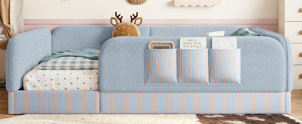 English Elm Queen Montessori Floor Bed Teddy Fleece Surround Rails Kids Cozy Low Profile Frame Blue W1580P493513